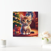 輝くクリスマスツリーのそばに座る子猫 スクエア壁時計 (ホーム)