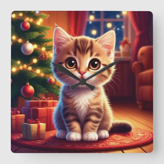 輝くクリスマスツリーのそばに座る子猫 スクエア壁時計 (正面)