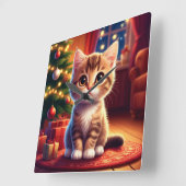 輝くクリスマスツリーのそばに座る子猫 スクエア壁時計 (傾斜)