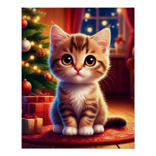 輝くクリスマスツリーのそばに座る子猫 ポスター (正面)