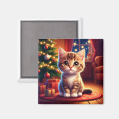輝くクリスマスツリーのそばに座る子猫 マグネット (正面/裏面)