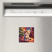 輝くクリスマスツリーのそばに座る子猫 マグネット (インサイチュ (食洗機))