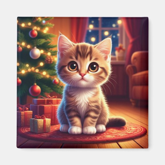 輝くクリスマスツリーのそばに座る子猫 マグネット (正面)