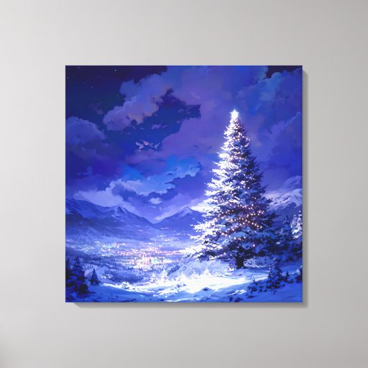 輝くクリスマスツリーの雪山風景 キャンバスプリント (正面)