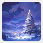 輝くクリスマスツリーの雪山風景 スクエアシール (正面)