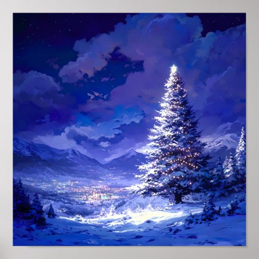 輝くクリスマスツリーの雪山風景 ポスター (正面)