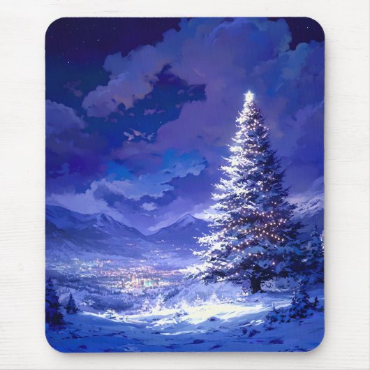輝くクリスマスツリーの雪山風景 マウスパッド (正面)