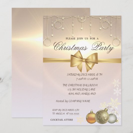 輝くクリスマスボール、会社のクリスマスパーティー 招待状 (正面/裏面)