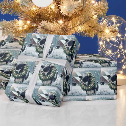 輝くクリスマスリースを身に着けたホルスタイン牛 ラッピングペーパー (クリスマス)