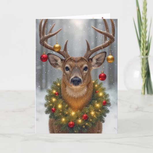 輝くクリスマスリースを身に着けた大きな牡鹿 カード (正面)