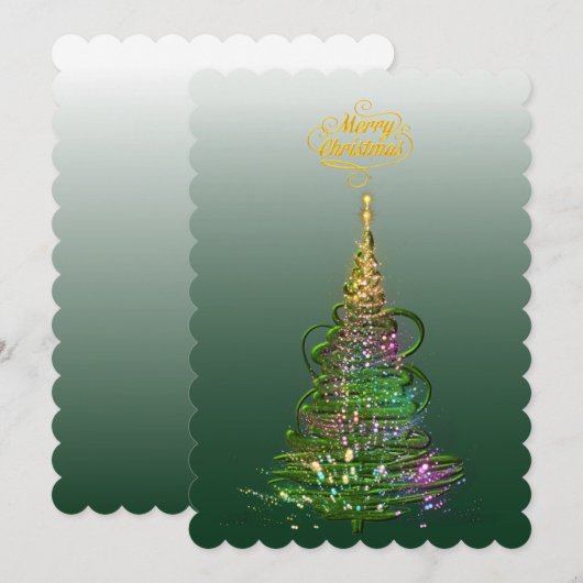 輝くグリーンのホリデーツリー フラットホリデーカード 招待状 (正面/裏面)