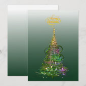 輝くグリーンのホリデーツリー フラットホリデーカード 招待状 (正面/裏面)