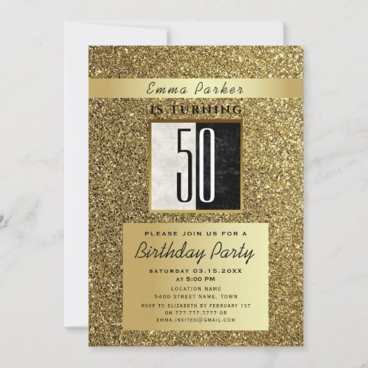 輝くゴールドとブラックの50歳の誕生日 招待状 (正面)