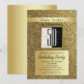 輝くゴールドとブラックの50歳の誕生日 招待状 (正面/裏面)