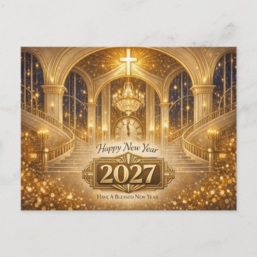 輝くゴールドのクリスチャン祝福新年2027 シーズンポストカード (正面)