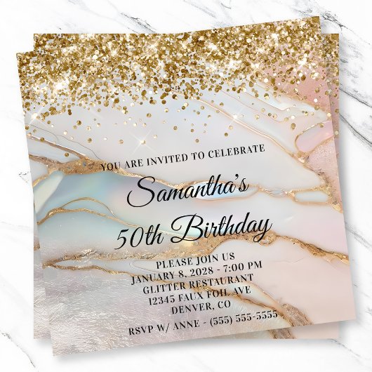 輝くゴールドのマーブルオパール 50歳の誕生日 招待状
