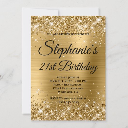 輝くゴールドのモノグラム 21歳の誕生日 招待状 (正面)