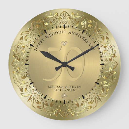 輝くゴールドの渦巻きが円形フレームに 50周年結婚記念 ラージ壁時計 (正面)