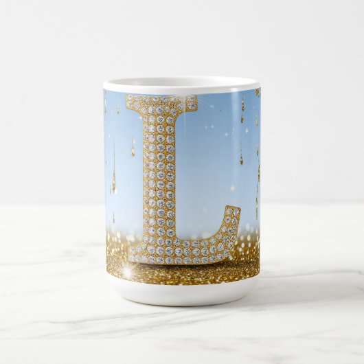 輝くゴールドの背景に煌めく文字L コーヒーマグカップ (中央)