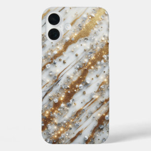 輝くゴールドの贅沢な白大理石のスマホケース iPhone 16 PLUSケース