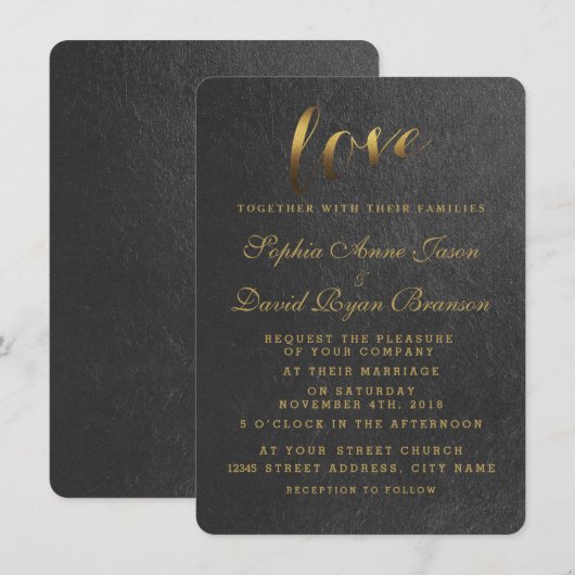 輝くゴールド箔の愛のブラックウェディング招待状 招待状 (正面/裏面)