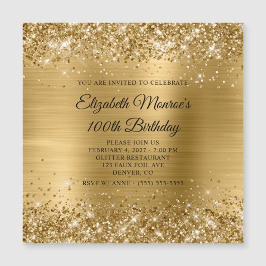 輝くゴールド箔100歳の誕生日 マグネット招待状 (正面)