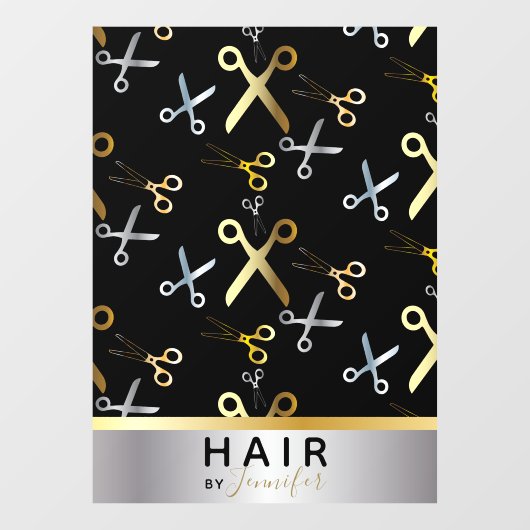 輝くゴールド&シルバーのはさみ柄の美容師さん ウィンドウサイン (シート)