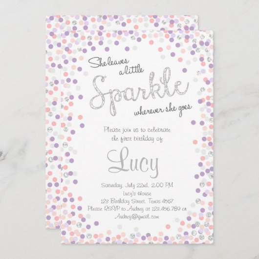 輝くシルバーパープルの誕生日の招待 招待状 (正面/裏面)