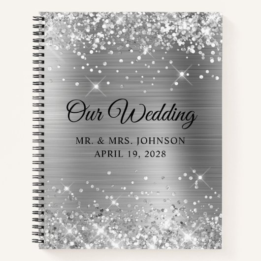 輝くシルバーフォイルの結婚式ゲスト ノートブック (正面)