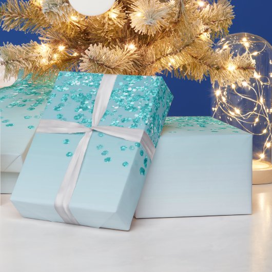 輝くスイート16 降り注ぐターコイズブルーのラメ ラッピングペーパー (クリスマス)
