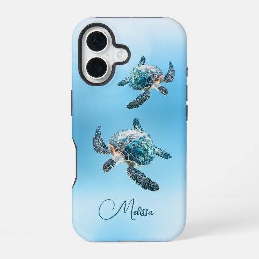 輝くターコイズブルーのウミガメ | 海岸風景 iPhone 16ケース (裏面)