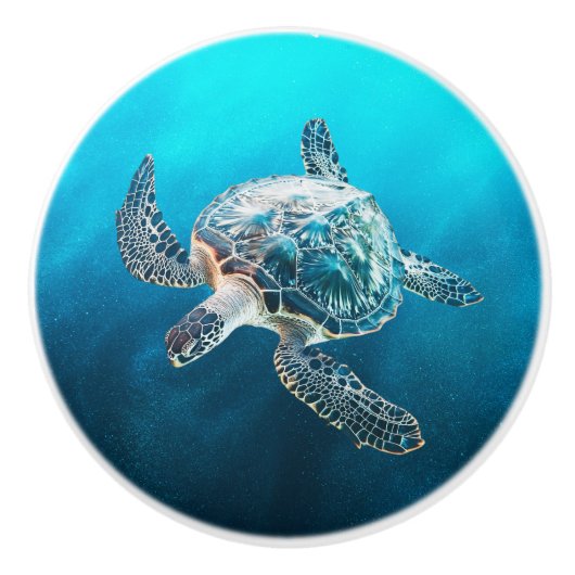 輝くターコイズブルーのウミガメ | 海岸風 セラミックノブ (正面)
