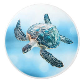 輝くターコイズブルーのウミガメ | 海辺のデザイン セラミックノブ