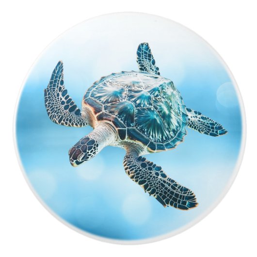 輝くターコイズブルーのウミガメ | 海辺のデザイン セラミックノブ (正面)