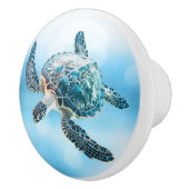 輝くターコイズブルーのウミガメ | 海辺のデザイン セラミックノブ (右)