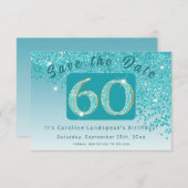 輝くターコイズブルーのグリッター 60歳の誕生日 セーブザデート (正面/裏面)