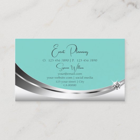 輝くダイヤモンドを持つ高貴な銀とティール（緑がかった色） エレガント 名刺 (裏面)