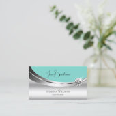 輝くダイヤモンドを持つ高貴な銀とティール（緑がかった色） エレガント 名刺 (スタンド正面)