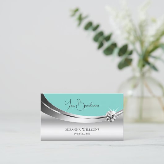 輝くダイヤモンドを持つ高貴な銀とティール（緑がかった色） エレガント 名刺 (スタンド正面)