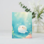 輝くトロピカルオーシャンの中のかわいいフグ ポストカード (スタンド正面)