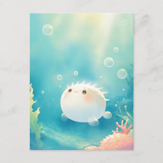 輝くトロピカルオーシャンの中のかわいいフグ ポストカード (正面)