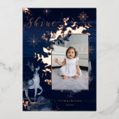 輝くネイビーゴールドの雪の結晶とトナカイ＆ジュエル写真 箔シーズンカード (正面)