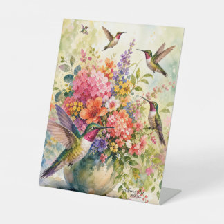 輝くハチドリと野の花の水彩画 台座サイン