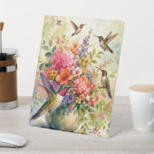 輝くハチドリと野の花の水彩画 台座サイン (インサイチュ)