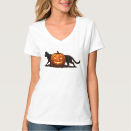 輝くパンプキンの後ろに佇む細長い黒猫 Tシャツ