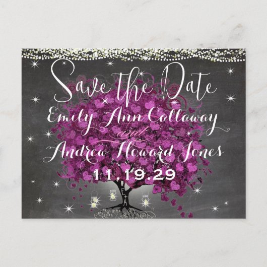 輝くパープルハートの葉の木の結婚式 案内ポストカード (正面)