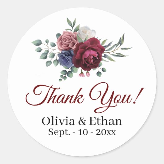 輝くブルゴーニュ色のピンク色のネイビーの花 ラウンドシール (正面)