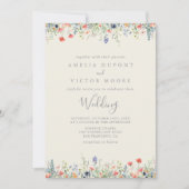 輝くマルチカラーのワイルドフラワーが前面と背面にあしらわれたウェディングドレス 招待状 (正面)