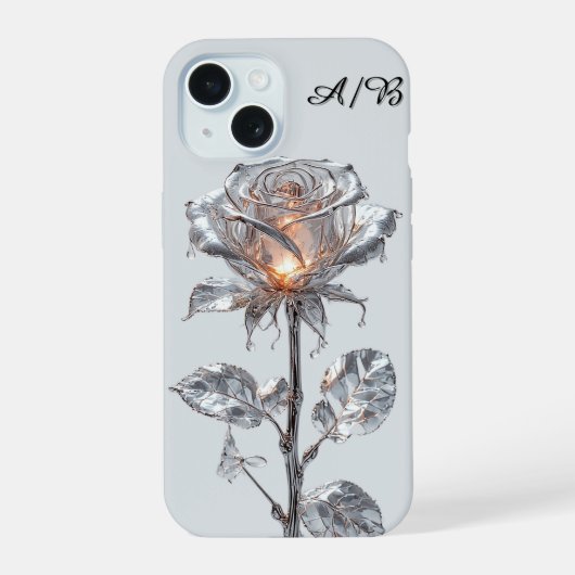 輝くメタリックシルバーローズ iPhone 15ケース (裏面)