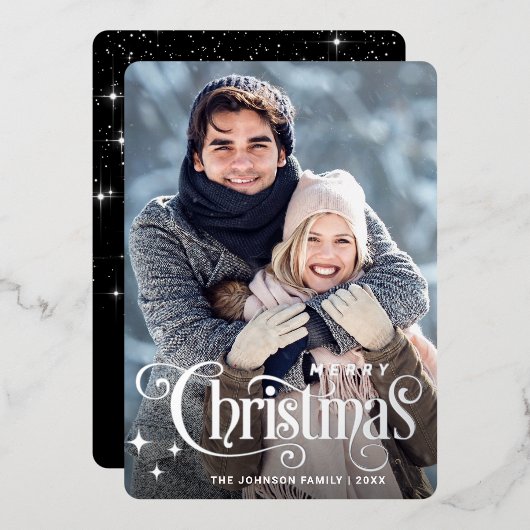 輝くメリークリスマスフォトGREETINGシルバー 箔シーズンカード (正面/裏面)